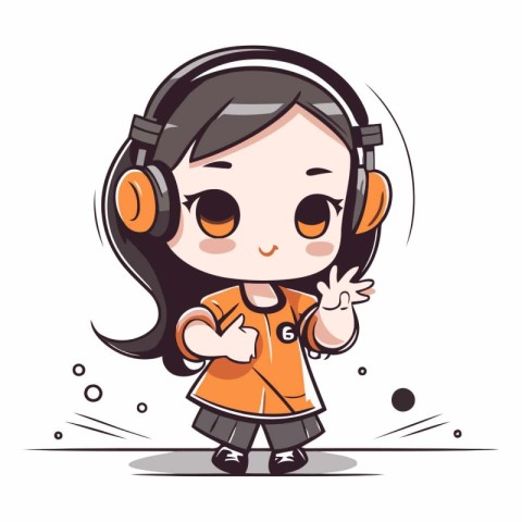 Cute cartoon girl with headphones listening to music.