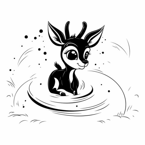 Cute deer in the water. Black and white vector illustration.