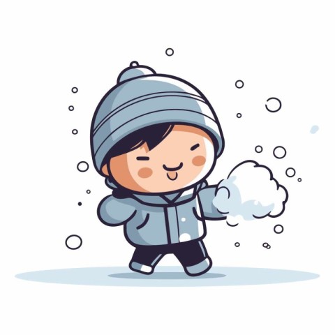 Cute little boy in winter clothes playing with snow.