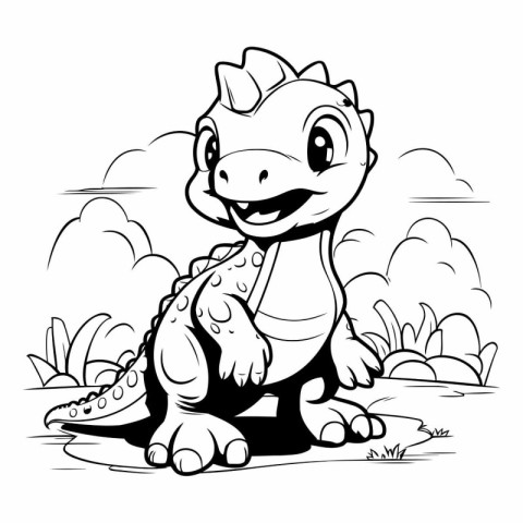 Black and White Cartoon Illustration of Cute Dinosaur Animal for