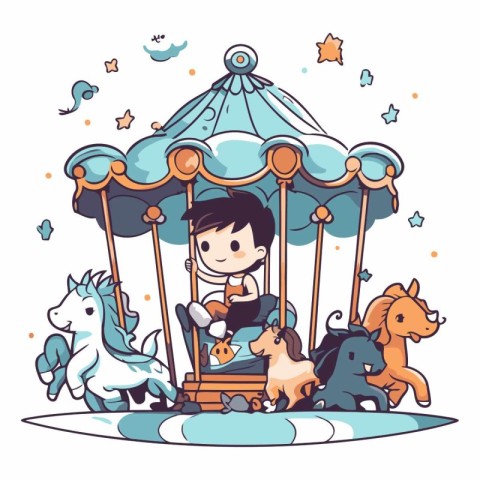 Cute little boy riding on a carousel.