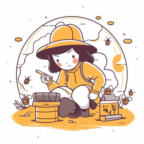 Illustration of beekeeper sitting on the ground and working with