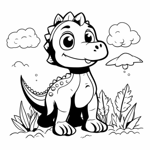 Cute cartoon dinosaur on the grass. Black and white vector illus