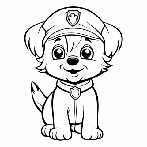 Black and White Cartoon Illustration of Cute Puppy Police Animal