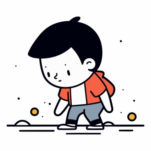 Cute little boy playing bowling in cartoon style.