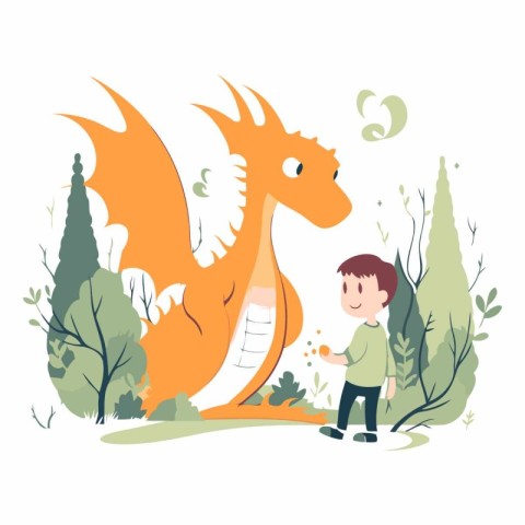 Cute boy playing with a dragon in the park