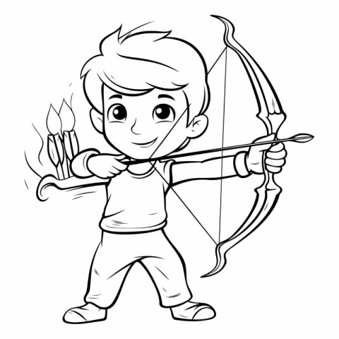 Cute cartoon boy with bow and arrow for coloring book.