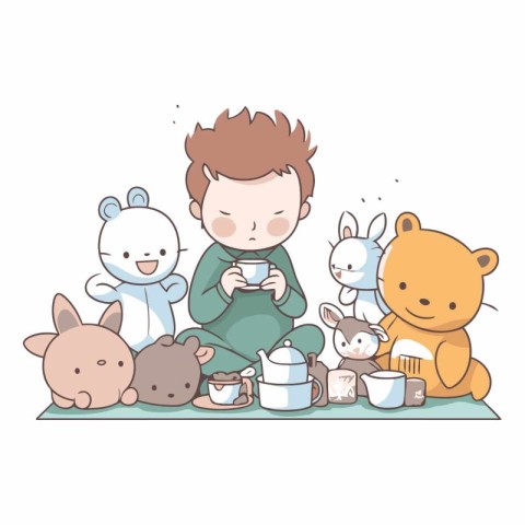 cute little boy with bear and animals cartoon vector illustratio