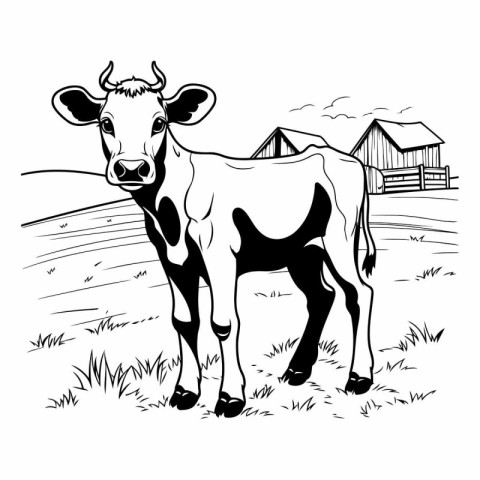 Cow on the farm. Black and white vector illustration for colorin