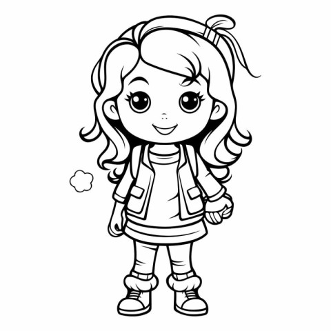 Black and White Cartoon Illustration of Cute Little Girl Charact