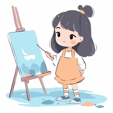 Cute little girl painting a picture on easel.