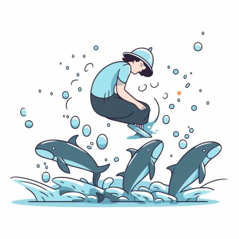 Vector illustration of a man jumping into the sea with dolphins