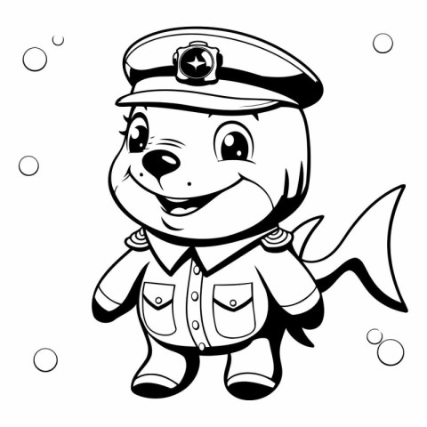 Black and White Cartoon Illustration of Cute Little Fish Sailor