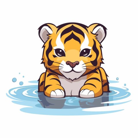 Cute tiger in water. Cartoon vector illustration isolated on whi