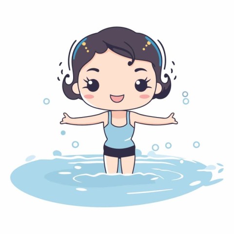 cute little girl swimming in water cartoon vector illustration g