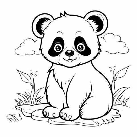 Cute panda sitting on the grass. Coloring book for children.