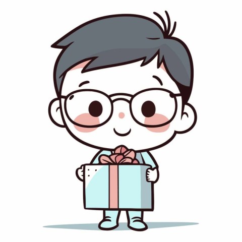 Boy holding gift box and wearing eyeglasses.