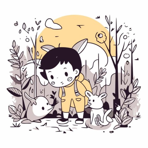 Boy with rabbit in the park in cartoon style.