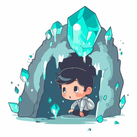 Cute boy with crystal in cave. Vector hand drawn illustration.