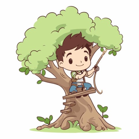 Boy playing bow and arrow in the tree. Cartoon vector illustrati