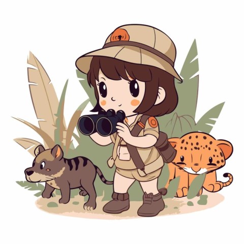 Cute little girl in safari outfit with binoculars and raccoon