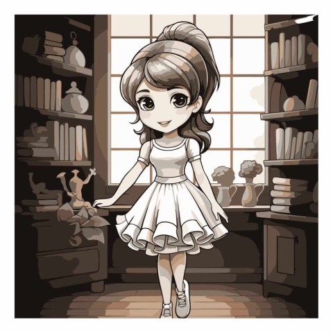 Cute little girl in a white dress stands in the library.