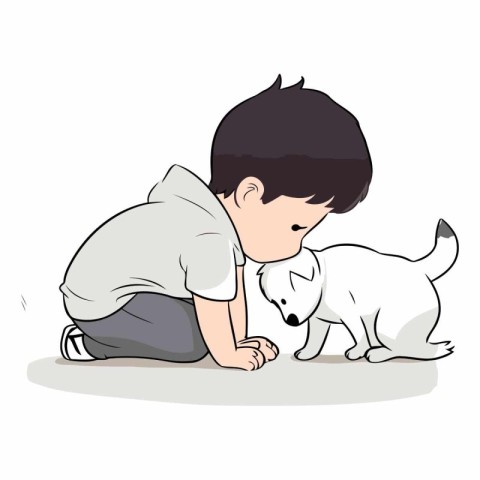 Little boy playing with his dog on white background.