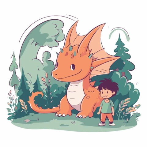 Cute little boy with a dinosaur in the forest