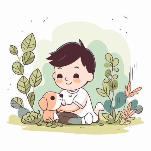 Cute little boy with dog in the park.