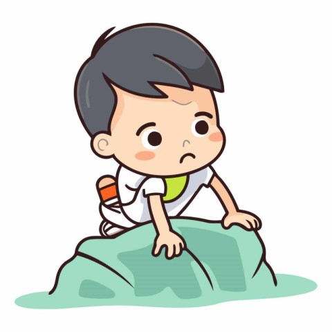 Little Boy Sitting on the Rock and Crying Cartoon Vector Illustr