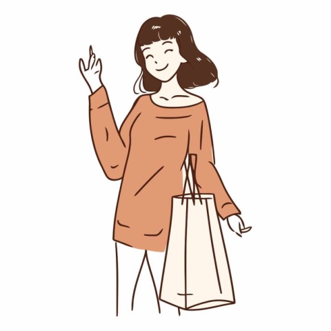 Illustration of a woman holding shopping bags and showing ok han