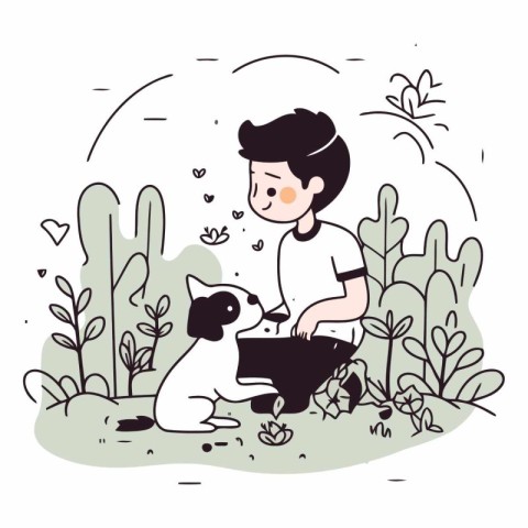 Cute vector illustration of a boy playing with a dog in the gard