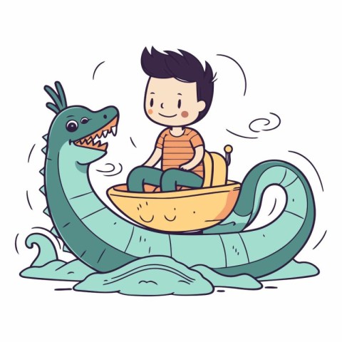 Little boy riding a dragon boat in cartoon style.