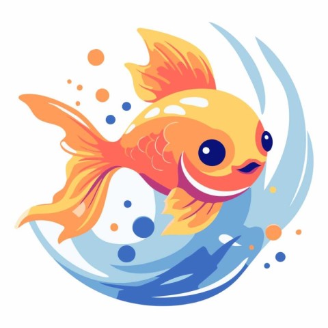 Cute cartoon goldfish swimming in the sea.