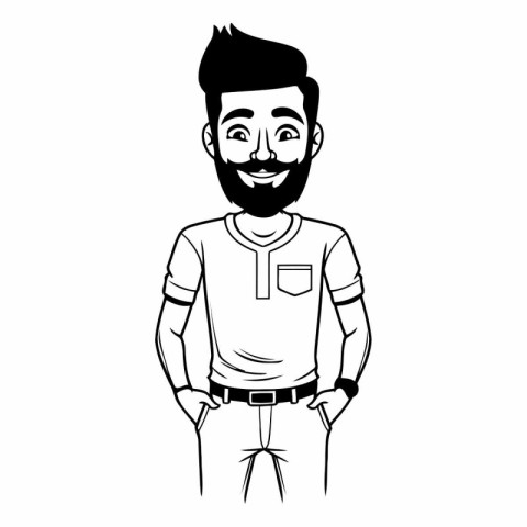 young man with beard avatar cartoon character in black and white