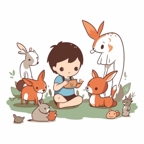 Cute little boy playing with little animals in the garden.