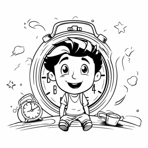 Cartoon Illustration of Kid Boy with Clock or Timepiece for Colo