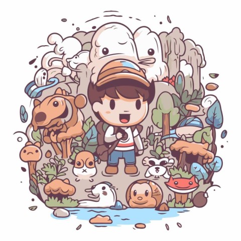 Illustration of a cute little boy playing with a group of animal