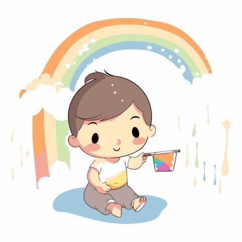 Illustration of a Cute Little Boy Playing with a Colorful Rainbo