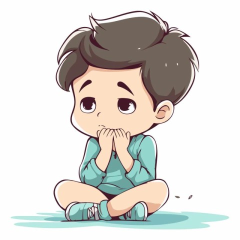 Illustration of a Cute Little Boy Sitting on the Floor and Think