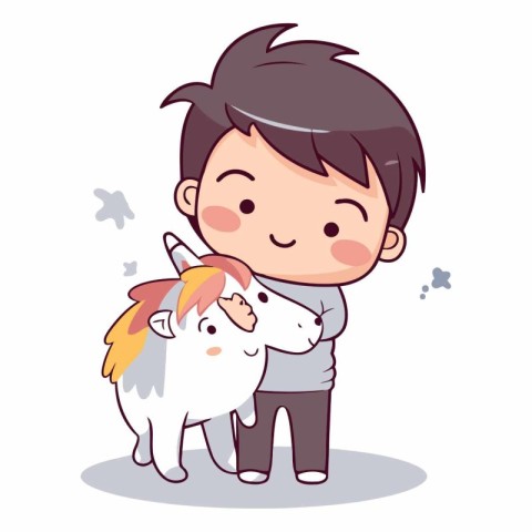 Little boy and white unicorn. Cute cartoon character