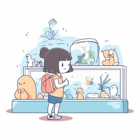 Illustration of a girl looking at an aquarium in a pet store