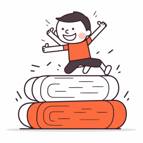 Happy cartoon boy jumping on pile of books. Flat vector illustra