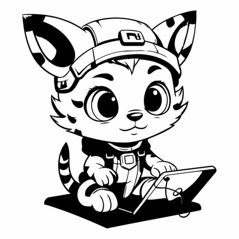 Black and White Cute Cartoon Tiger Pilot Character Using a Table