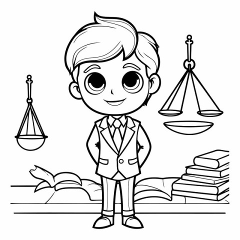 Black and White Cartoon Illustration of Little Boy Student or La