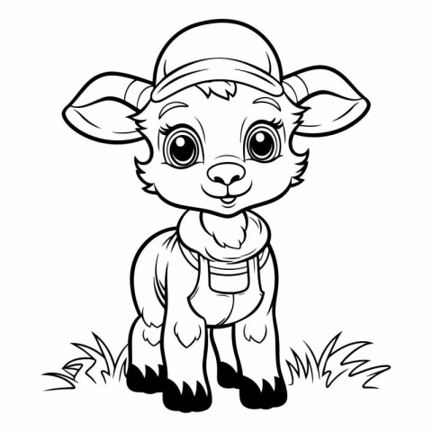 Black and White Cartoon Illustration of Cute Baby Goat Animal Ch