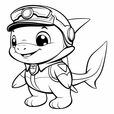 Black and White Cartoon Illustration of Cute Little Shark Animal