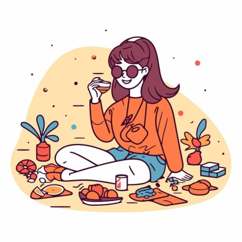 Vector illustration of a girl sitting on the floor and drinking