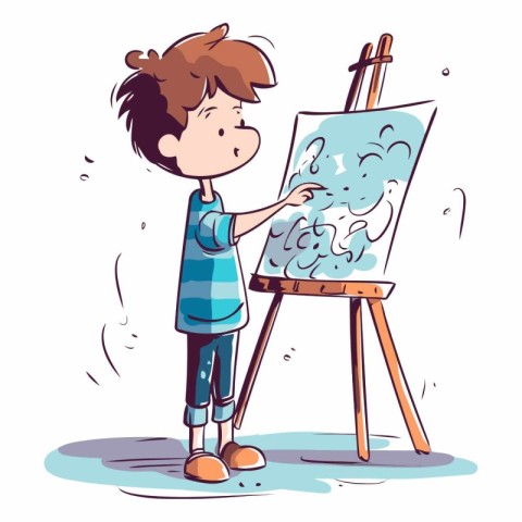 Vector illustration of a boy painting a picture on easel. Hand d