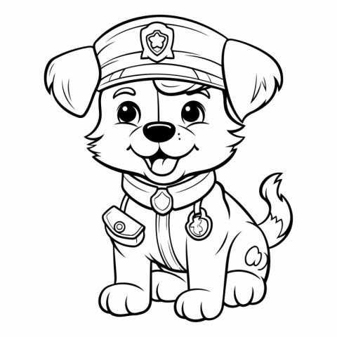 Black and White Cartoon Illustration of Cute Puppy Police Dog Co